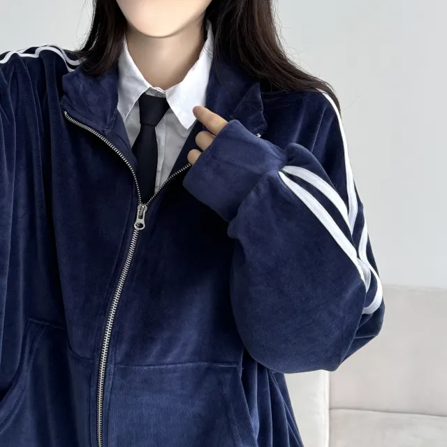 루즈핏 투웨이 지퍼 더블 라인 벨벳 스웨이드 후리스 댄스 트랙탑 져지(4color) 상세 이미지 26
