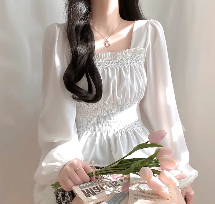 [체형보정/살랑쉬폰] 샤인 스퀘어넥 프릴 셔링 스모크 밴딩 퍼프 블라우스 상세 이미지 8