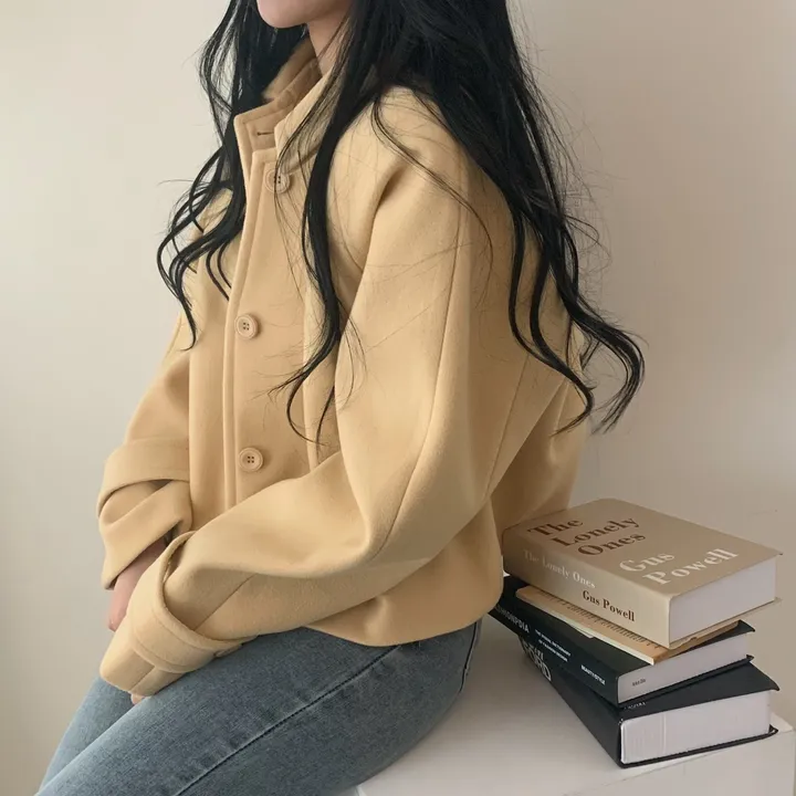 봄가을 크롭재킷 오버핏 아이보리 블랙 싱글버튼 숏코트 상세 이미지 5
