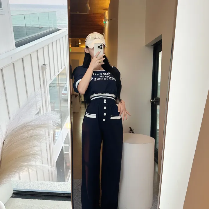 고퀄ver 꾸안꾸! 레터링 배색 어깨퍼프 스퀘어넥 반팔 + 하이웨스트 버튼 와이드 롱 옆 절개 팬츠 봄 투피스 여름 투피스 SET 2 color 상세 이미지 5