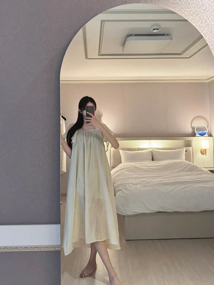 [임산부가능/여리여리핏] 쉬폰 깃털 롱 원피스 잠옷 홈웨어 파자마 상세 이미지 9
