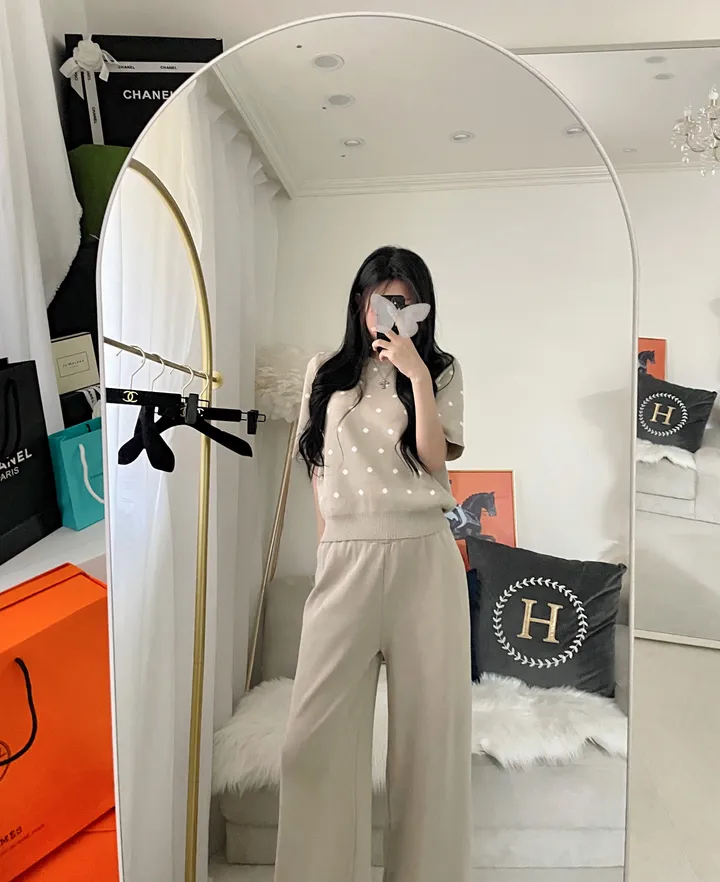 수입 벌룬 땡땡이 반팔 니트 와이드 마실룩 투피스 셋업 상세 이미지 18