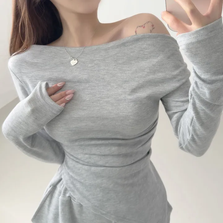 [키작녀추천/set가격!] 오프숄더 입술넥 언발란스 셔링 긴팔 티셔츠 + 허리쏙 밴딩 와이드팬츠 일자팬츠 봄가을 트레이닝 세트 개미허리 허리잘록 투피스 페미닌 (3color) 상세 이미지 13