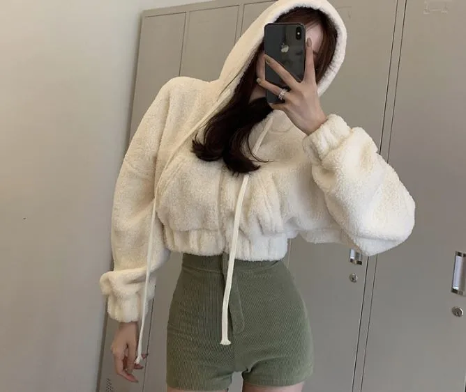 [세미크롭/꾸안꾸] ❤양털 크롭 후리스❤ 뽀글이 폴리스 포켓 크롭 자켓 양털 후드 집업 후리스 상세 이미지 1
