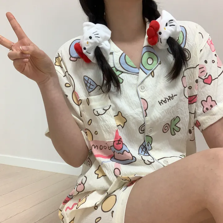 [3피스/빅사이즈도있어용!] 귀여운 리본 고양이 키티 캐릭터 집순이 생일선물 반팔 반바지 긴바지 쓰리피스 잠옷 세트 상세 이미지 15