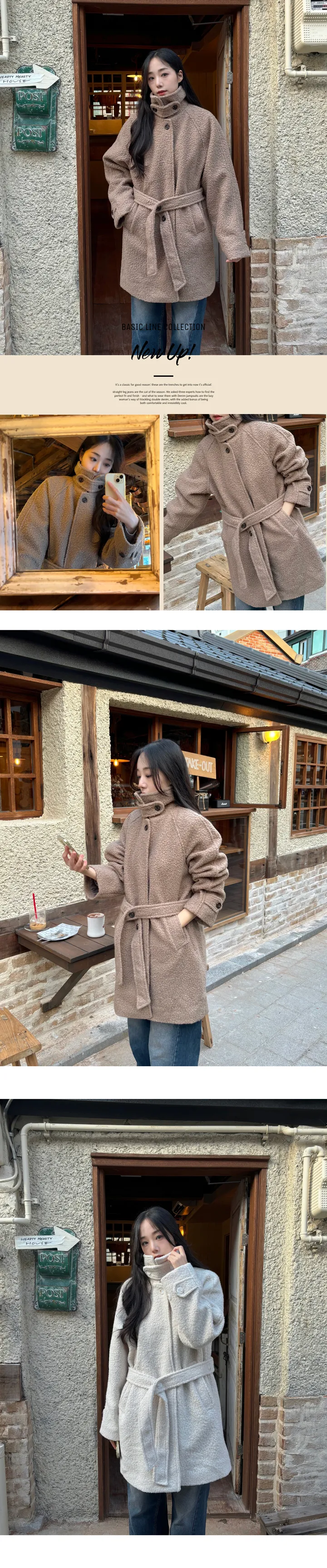 [2온스 누빔안감/울코트] 울 하이넥 뽀글이 스트랩 퍼 부클 하프 코트 상세 이미지 1