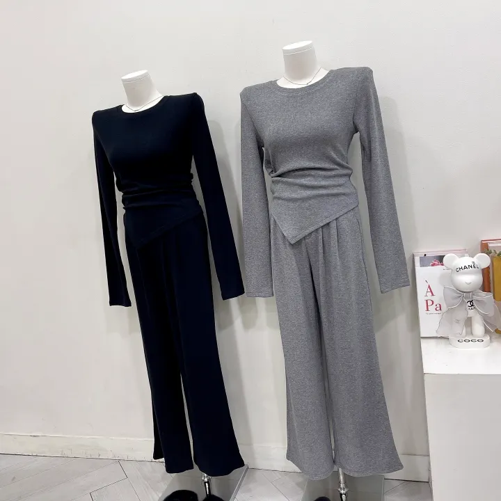 [글램핏/set]*핏보장* 봄신상 간절기까지 쭉~ 꼬임 언발 사선 슬림핏 핀턱 와이드팬츠 밴딩슬랙스 버튼 지퍼 하객룩 캐주얼  소재탄탄 꾸안꾸 데일리 멜팅 투피스 세트 3color 상세 이미지 16