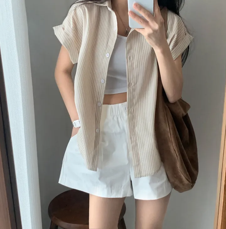 [빈티지🤍/여름셔츠] 샌드 스트라이프 루즈핏 롤업 반팔셔츠,남방 - 3color 상세 이미지 43