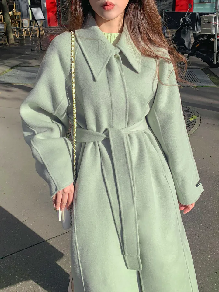 [메리노울100%🤎handmade] 백화점퀄 wool 핸드메이드 롱 울 코트 카라 로브 모직 루즈핏 벨트 싱글 히든버튼 트임 겨울 아우터 네이비 베이지 민트 3col 상세 이미지 47
