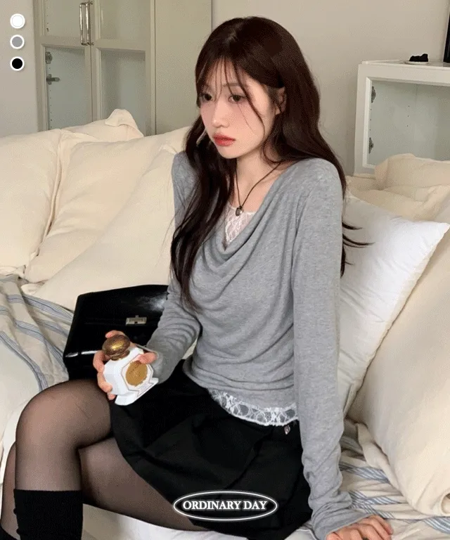 [레이스일체형ෆ군살커버말라핏]이연 텐션 여리핏 드레이프 셔링 레이어드 레이스 골지 롱슬리브 티셔츠 3color 상세 이미지 6