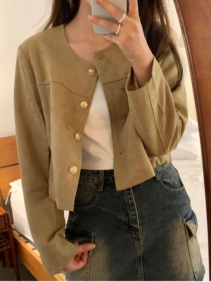 [주문폭주🐱‍🏍3color/가을신상🍂] 노이드 노카라 금장로고 스웨이드 자켓 올드머니룩 페미닌룩 어깨패드 상세 이미지 6