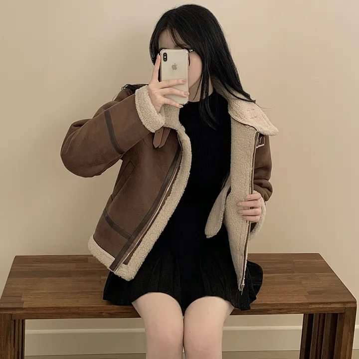 [양털안감/고퀄🤎] 스웨이드 크롭 버클 하이넥무스탕 퍼카라 뽀글이자켓 세무 점퍼 상세 이미지 18
