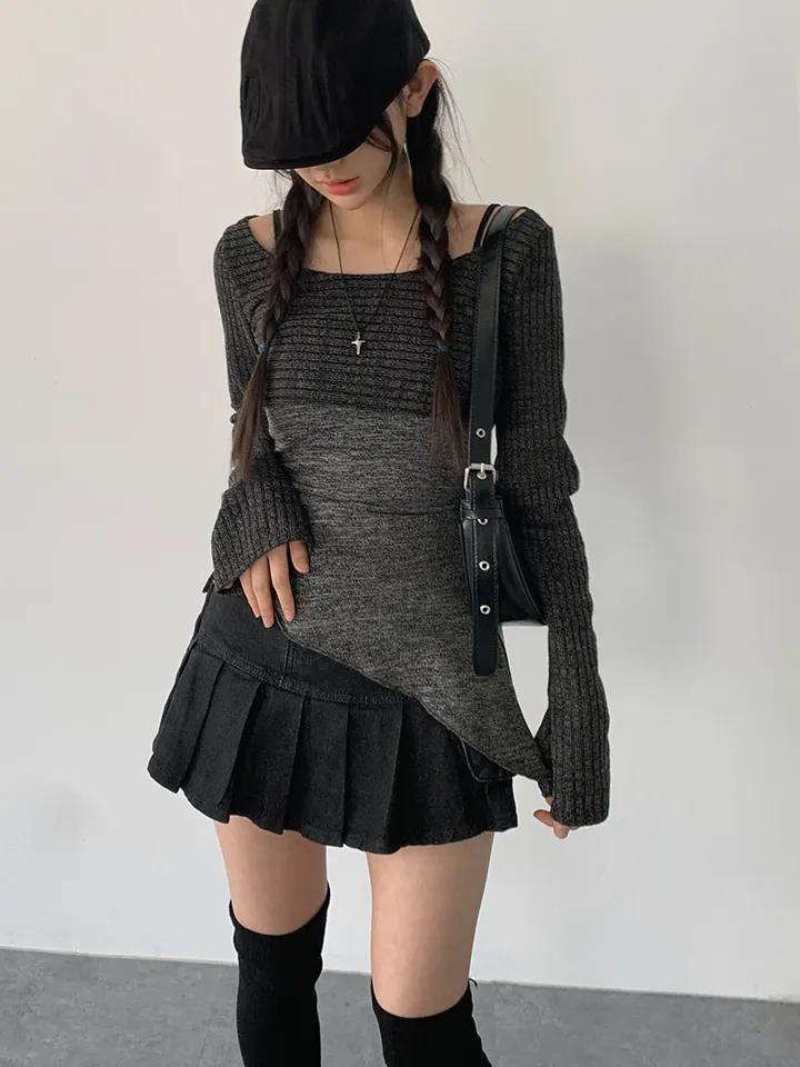 [레이어드세트/몸매보정핏! 뒷모습도완벽🖤 슬림핏 홀터나시 긴팔크롭티 레이어드세트] 리엘사선홀터나시SET 상세 이미지 2