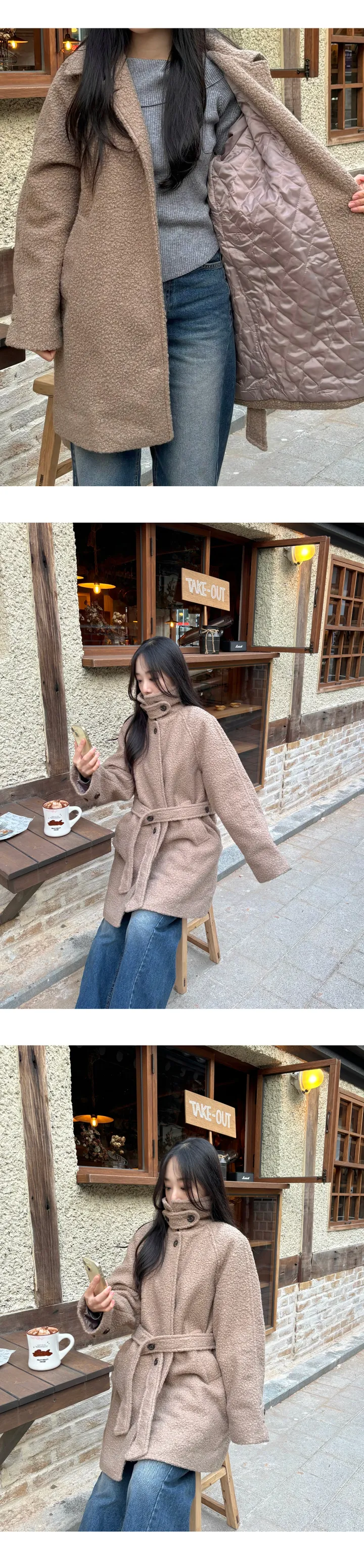 [2온스 누빔안감/울코트] 울 하이넥 뽀글이 스트랩 퍼 부클 하프 코트 상세 이미지 6