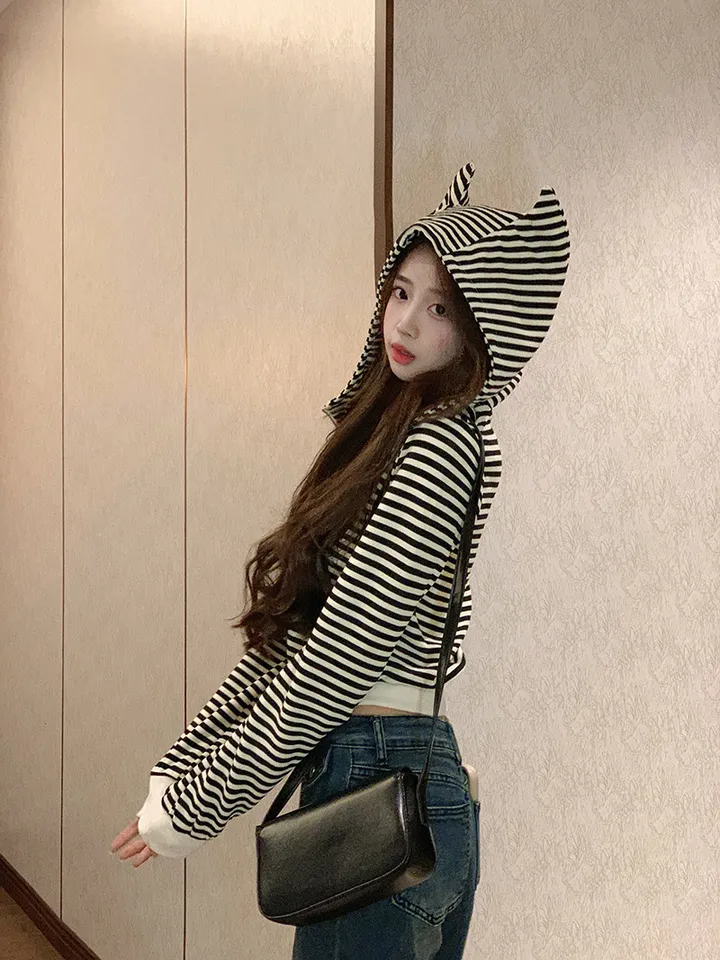 [인기🖤/빈티지]캣츠 스트라이프 후드집업 1color 슬림핏 여리핏 후드 후드집업 단가라 스트라이프 빈티지후드집업 y2k 펑크 고스룩 유니크 크롭 고양이 뿔후드 유니크 봄 상세 이미지 17