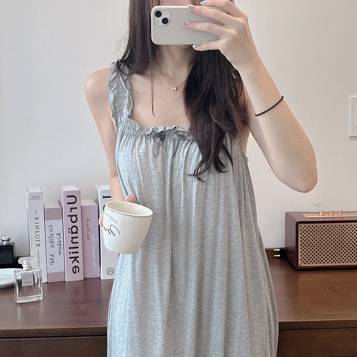 [봄할인/캡내장/진짜부들부들해요!] #B.Night 찰랑 프릴 민소매 심플 나시 파자마 잠옷 롱원피스 블랙&그레이 2 color #3003 상세 이미지 10
