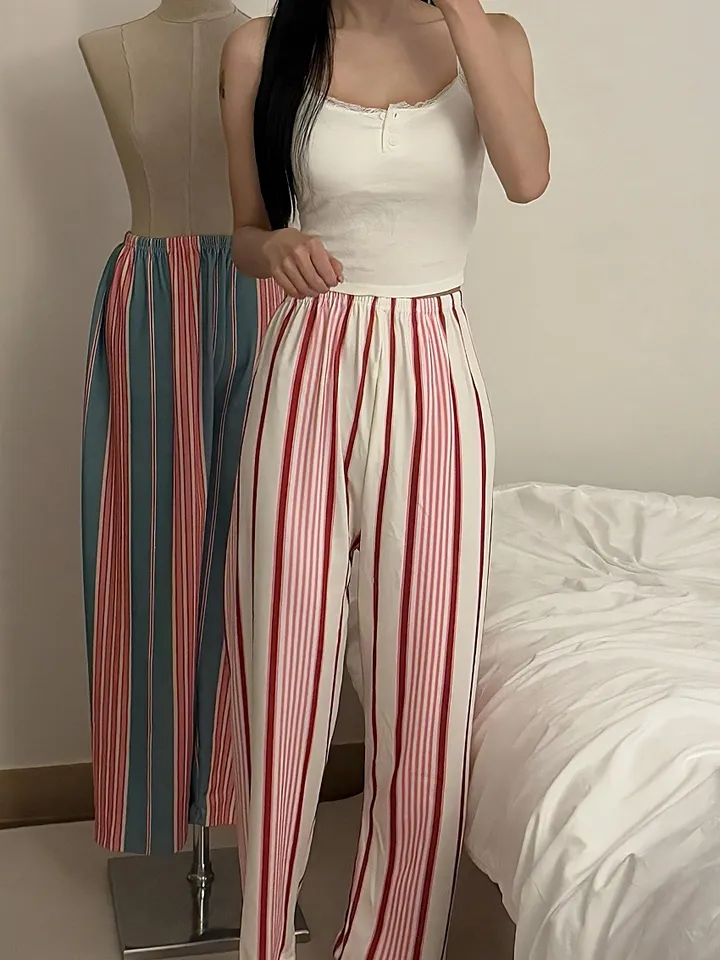 [캡내장/몸매보정] 나시 스트라이프 잠옷세트 캔디팝팝 투피스 긴바지잠옷 홈웨어 파자마 2color 상세 이미지 9