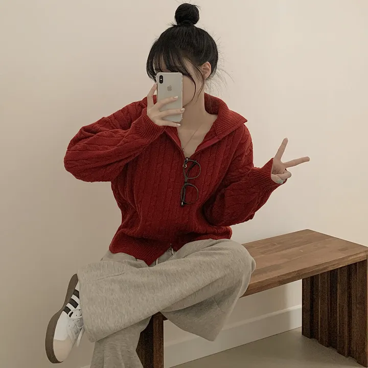 [따뜻!겨울까지~] 투웨이 도톰 케이블 하이넥 꽈배기 오버핏 니트 집업자켓 가디건 상세 이미지 16