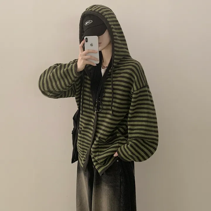 [울함유/폭닥✨] 빈티지힙 오버핏 스트라이프 단가라 니트 후드가디건 단추 집업 상세 이미지 12