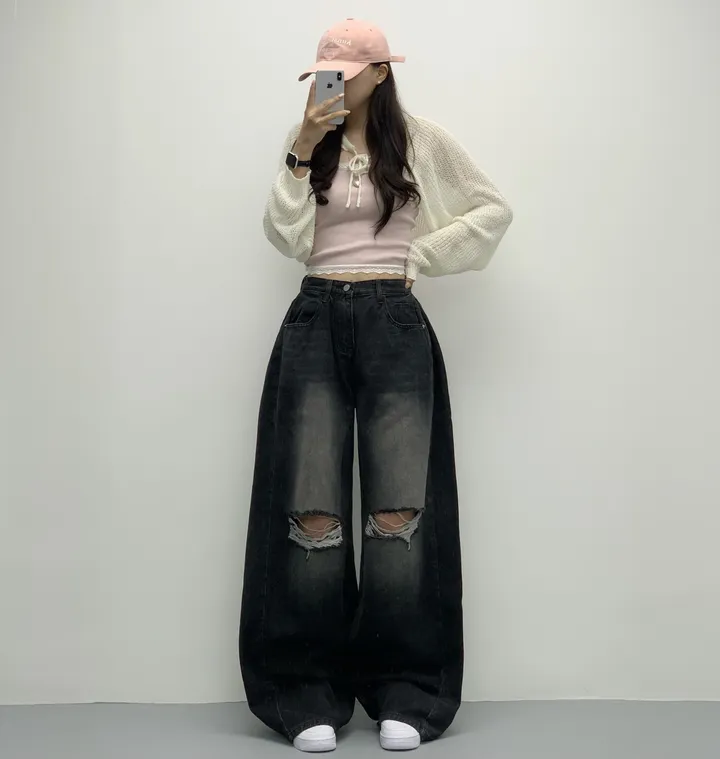 당일🚀[숏,롱/~XL/찐인생바지] 슬릿 찢청 폴딩 빈티지워싱 벌룬핏 옆핀턱 와이드팬츠 무릎트임 데님 청바지 기장선택 빅사이즈까지 오버핏팬츠 여름청바지 상세 이미지 32