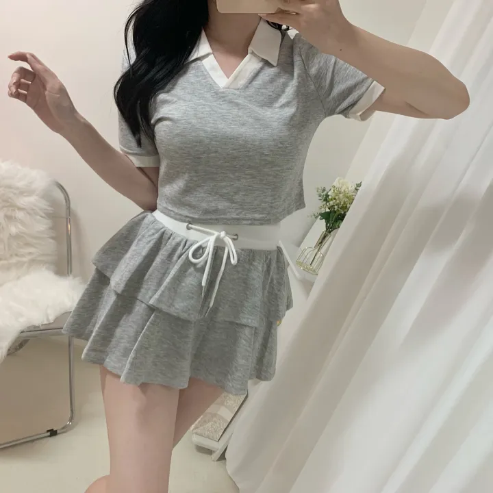 [세트가격/러블리💛] 플레인 배색 카라 크롭 반팔 + 밴딩 캉캉 치마바지 미니스커트 투피스 세트 4color 상세 이미지 8