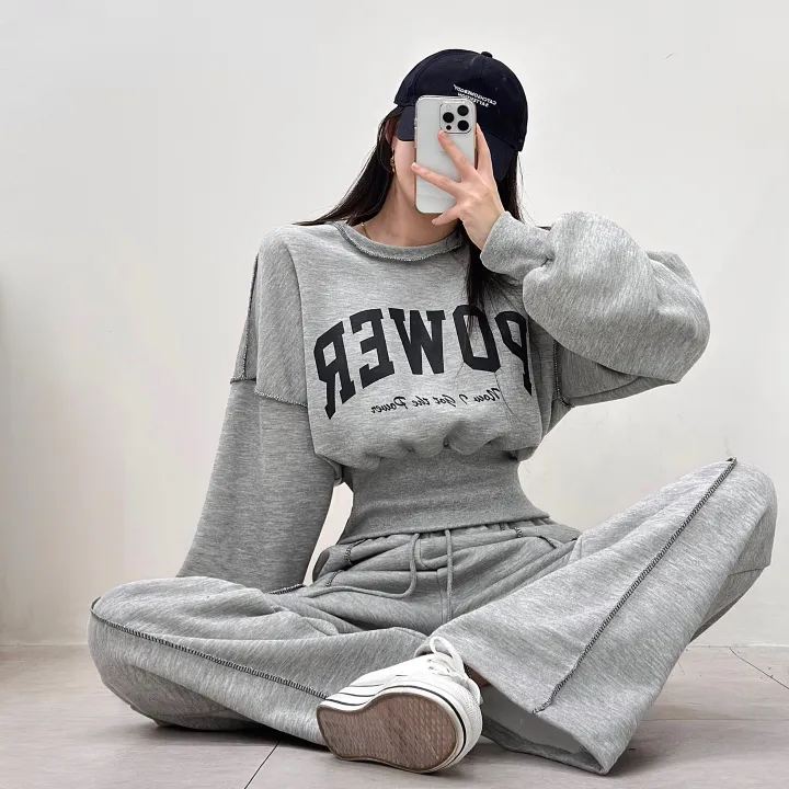 *단독 봄버전추가*[허리잘록!/아방핏] 핏대박템 스티치 라인 레터링 시보리 기모 크롭 맨투맨+밴딩 하이웨스트 핀턱 와이드 롱팬츠 트레이닝 세트 투피스 셋업 3color 상세 이미지 14