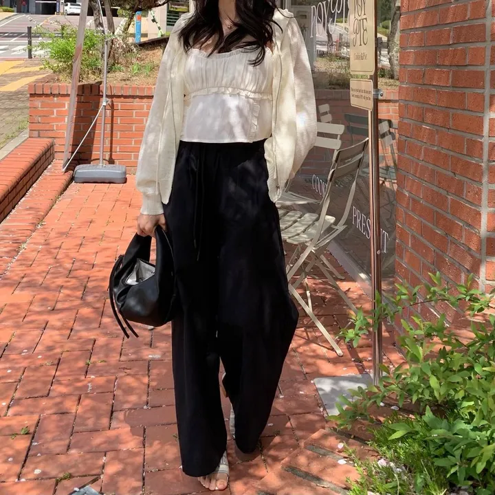 화이트 흰색 핀턱 밴딩 와이드 팬츠 상세 이미지 74