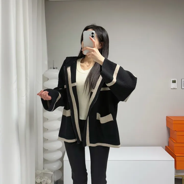 *꾸안꾸, 루즈핏* 라인 배색 니트 후드집업 가디건 자켓 상세 이미지 20