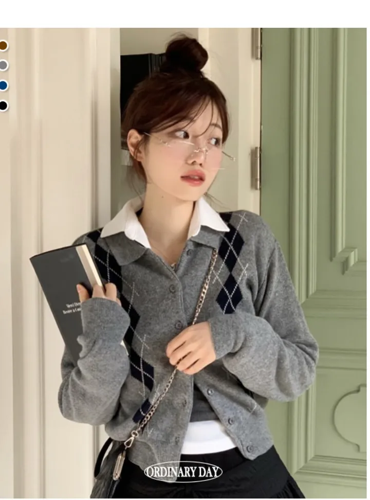 [캐시미어가디건ෆ잘록핏]르본 배색 아가일 패턴 잘록 시보리 카라넥 캐시미어 울니트 버튼 가디건 4color 상세 이미지 18