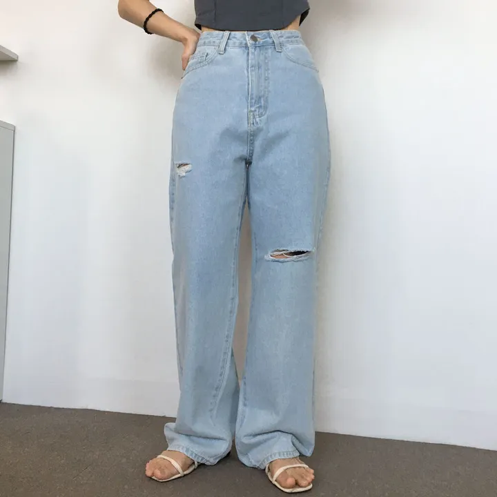 スリットダメージロールアップデニムロングパンツ