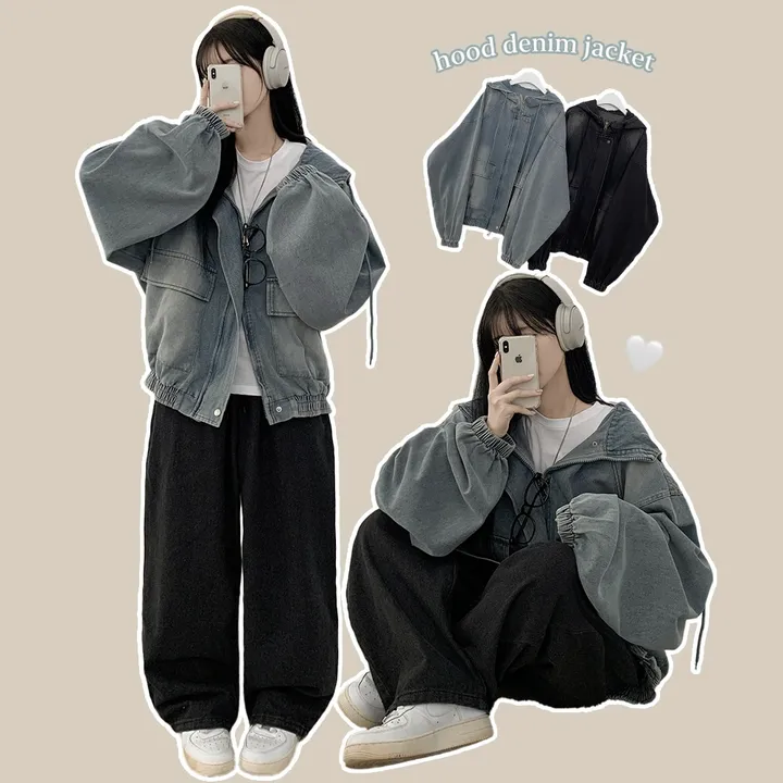 [남여공용/왕오버핏] 데님 투웨이 빅후드 오버핏 워싱 벌룬 청자켓 점퍼 연청 흑청 상세 이미지 2