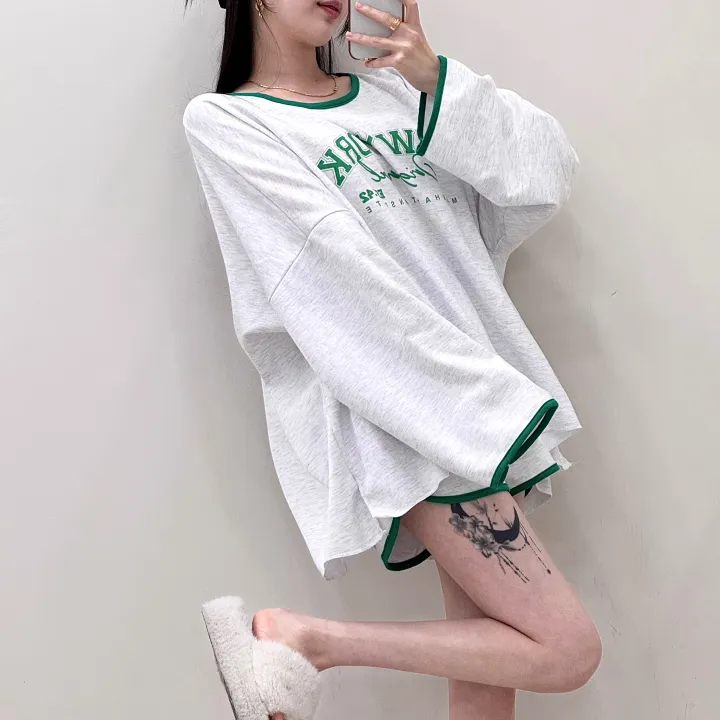 [여름까지/여리루즈핏] 밴티 나염 배색 라인 입술넥 오버핏 긴팔 티셔츠+밴딩 하이웨스트 돌핀 숏팬츠 투피스 트레이닝 세트 3color 상세 이미지 21