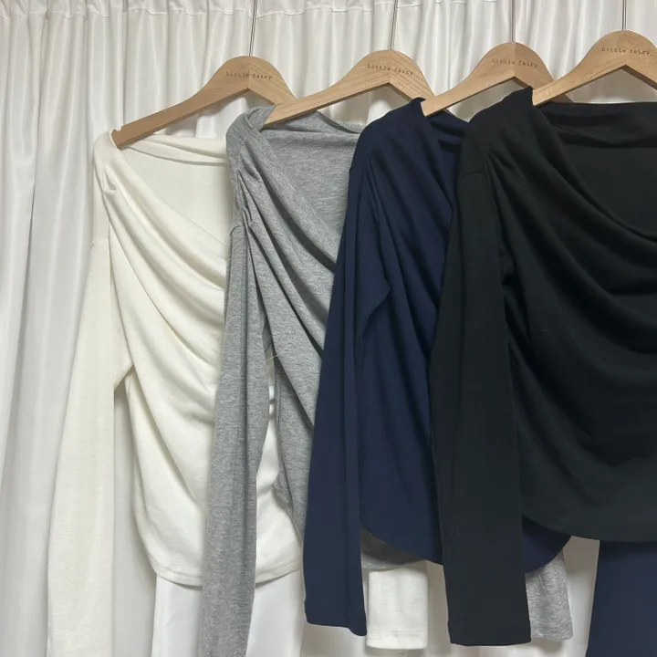 밑단u![군살커버여유핏/살짝오프숄더-]가슴안감으로 비침없는, 드레이핑 셔링 밑단 라운드 굴림 언발 쫀득 고퀄 분위기 여신 긴팔 크롭 루즈핏 티셔츠 (4col):리틀페어리 상세 이미지 21