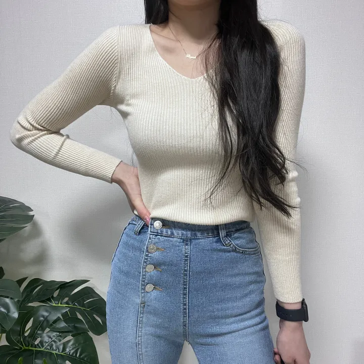 1000장 돌파! 🚀당일발송!🚀✨진짜최저가보장✨ 🎊봄까지 쭉!🎊 주문폭주 🎀리뷰극찬🎀 2개 구매시 묶음할인! 기본 슬림 골지 브이넥 니트 긴팔티 상세 이미지 23