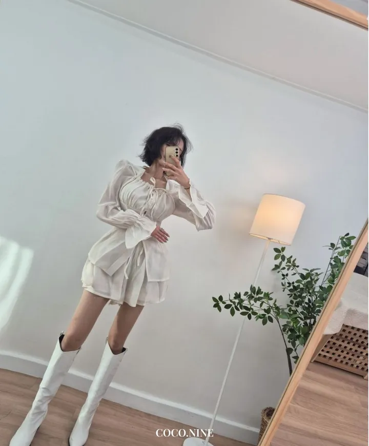 ✨허리잘록핏✨세트구성🖤[핏보장][하객룩추천][데이트룩코디] 시스루 블라우스&캉캉치마 투피스SET (3color) 상세 이미지 1