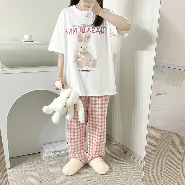 💗[당일출고/남녀공용]💗 토끼 잠옷 파자마 체크바지 단품 반팔티 반팔 티 박시핏 루즈핏 오버핏 빅사이즈 래빗 잠옷세트 파자마세트 홈웨어 커플룩 커플티 커플 체크바지 박시티 상세 이미지 5