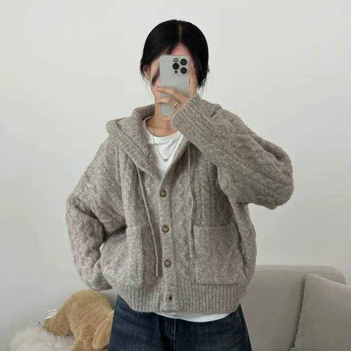 [따숩/폭닥] 알파카 겨울 케이블 후드 포켓 루즈핏 가디건 상세 이미지 22
