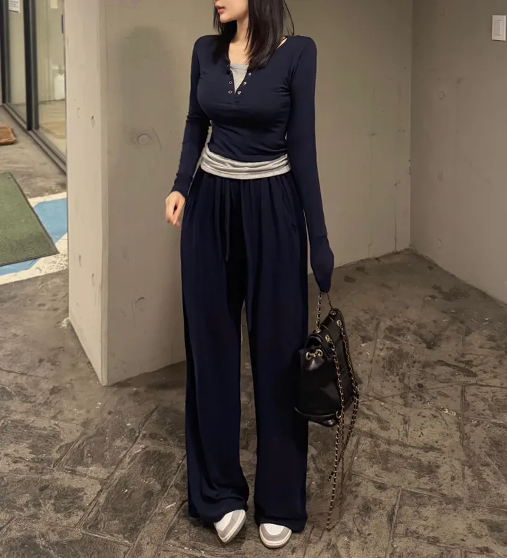 [시원찰랑💕/세트가격] 배색 레이어드 티셔츠 찰랑 와이드팬츠 세트 상세 이미지 12