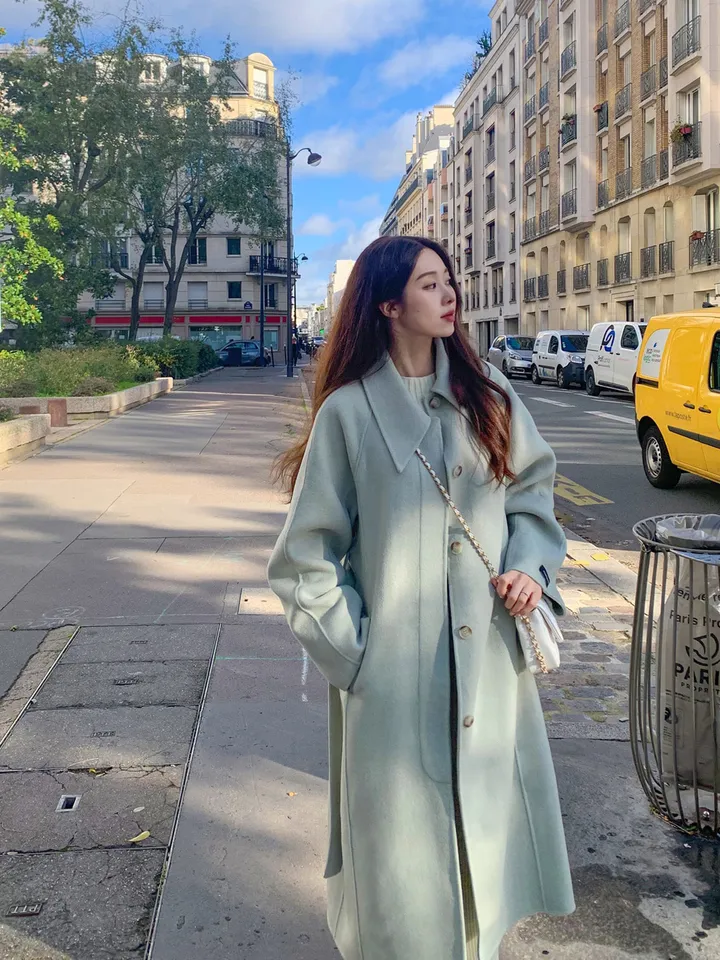 [메리노울100%🤎handmade] 백화점퀄 wool 핸드메이드 롱 울 코트 카라 로브 모직 루즈핏 벨트 싱글 히든버튼 트임 겨울 아우터 네이비 베이지 민트 3col 상세 이미지 66