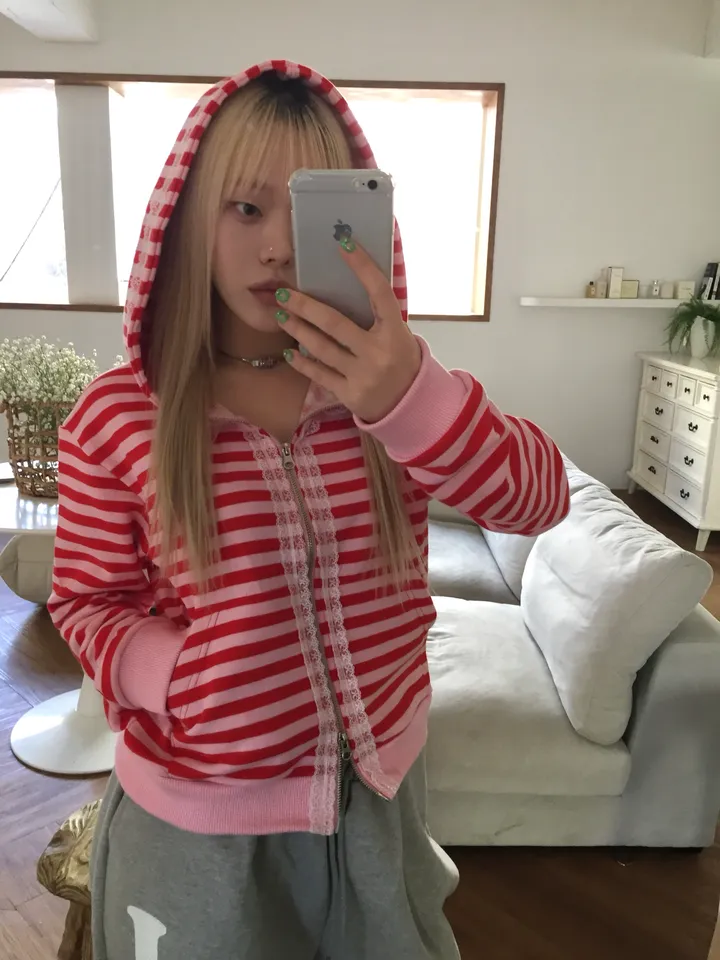 striped lace hooded zip-up [3color] 상세 이미지 17
