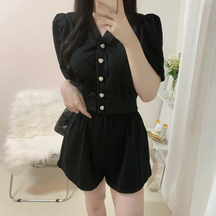 [세트가격/러블리*.*] 하트 퍼프 반팔 루즈핏 크롭 가디건 + 밴딩 와이드 숏 반바지 투피스 세트 3color 상세 이미지 32