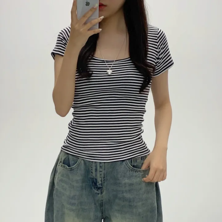 [슬림여리핏/핏보장] 제나 라운드 줄무늬 단가라 반소매티셔츠 여름반팔 기본티셔츠 (3Col) 상세 이미지 9