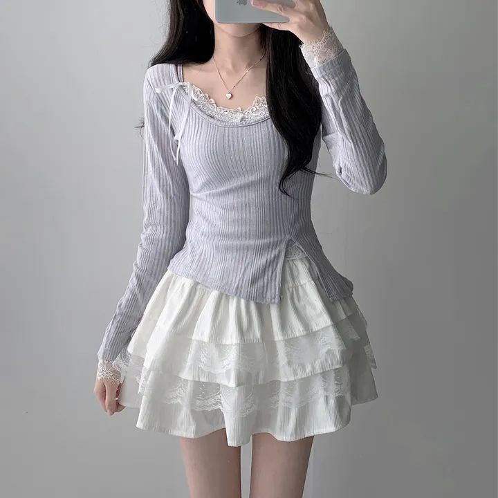 [은은한펄/러블리] 트윙클 골지 슬릿 펄 긴팔 티셔츠+레이스 리본 나시&슈아 밴딩 캉캉 미니 스커트 투피스 쓰리피스 코디세트 단품 세트 상세 이미지 8