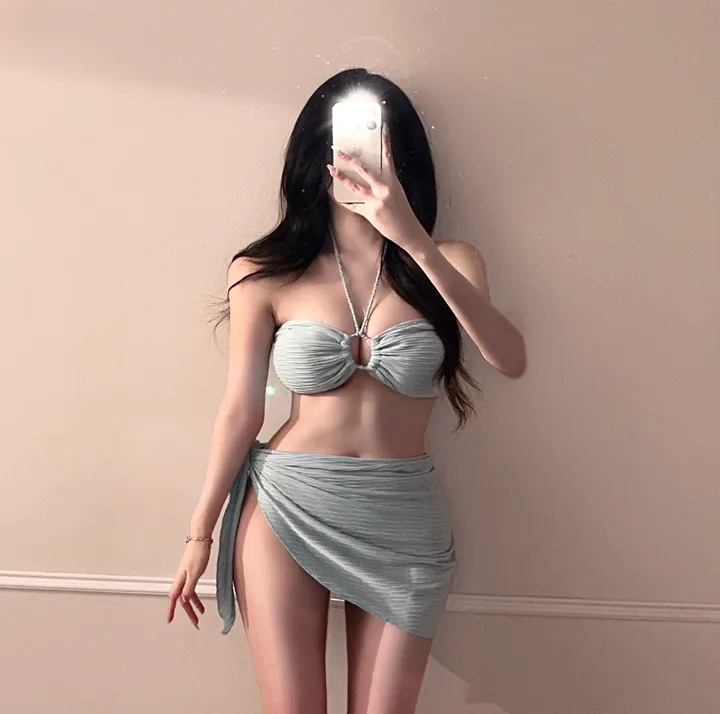 [최저가!!/핏보장/6col] 홀터넥 리본 X끈 4way 섹시 글램 스트랩 셔링 커버업 랩 스커트 치마 비키니 수영복 세트 비치웨어 휴양지룩 청순 여리 분위기 슬림핏 쓰리피스 상세 이미지 8