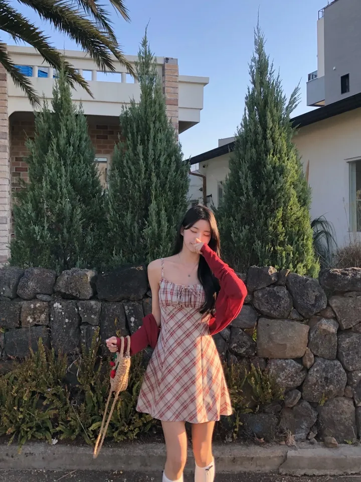 [세트가격❤️/예쁨보장!] 린넨 체크 셔링 리본 플레어 a라인 볼레로 크롭 가디건 원피스 투피스 세트;3color <여행룩/길이오절/핏존예!> 상세 이미지 13