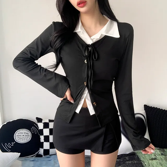 [일체형/모던룩/2col] 신디 일체형 슬림핏 레이어드 셔츠 가디건 / 카라넥 / 리본가디건 / 레이어드티셔츠 / 페이크셔츠 / 긱시크 / 브이넥 / 셔츠니트 / 코디완성 / 강추 상세 이미지 7