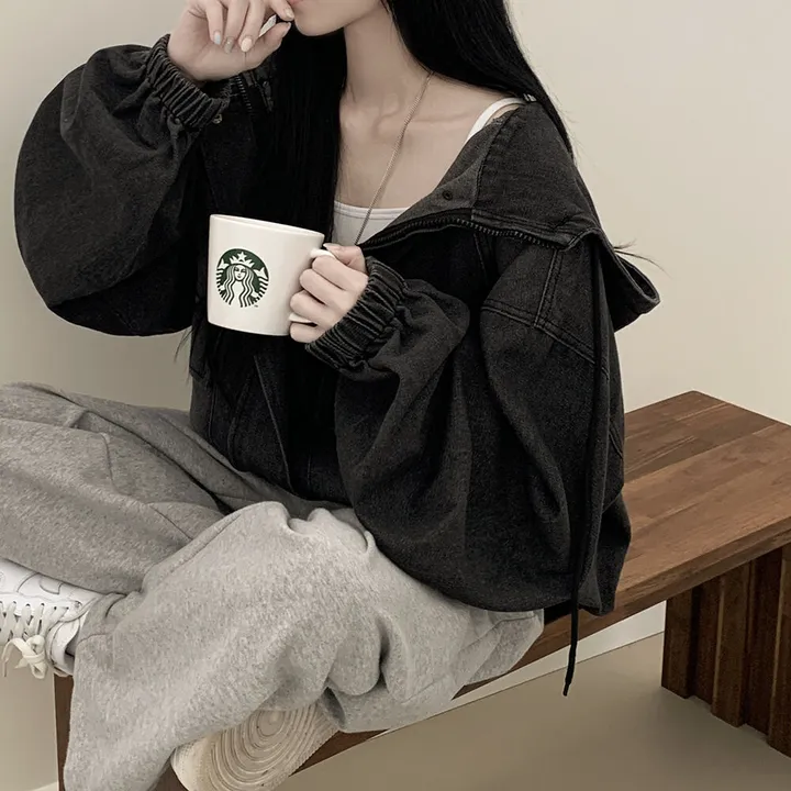 [남여공용/왕오버핏] 데님 투웨이 빅후드 오버핏 워싱 벌룬 청자켓 점퍼 연청 흑청 상세 이미지 14