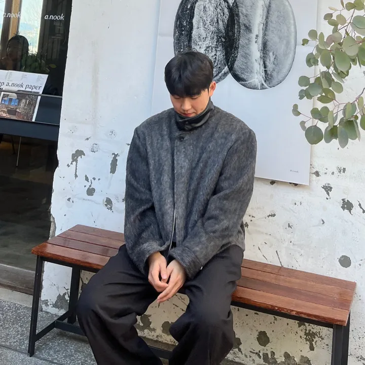 [캐주얼] 배색 남자 커플 오버핏 부클 털 모헤어 울 숏 하프 반 크롭 코트 점퍼 자켓 상세 이미지 23