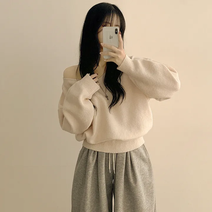 [청순힙✨폭닥] 흐르는 여리핏, 보트 브이넥 오버핏 원오프숄더 아방핏 긴팔니트 빅사이즈 상세 이미지 17