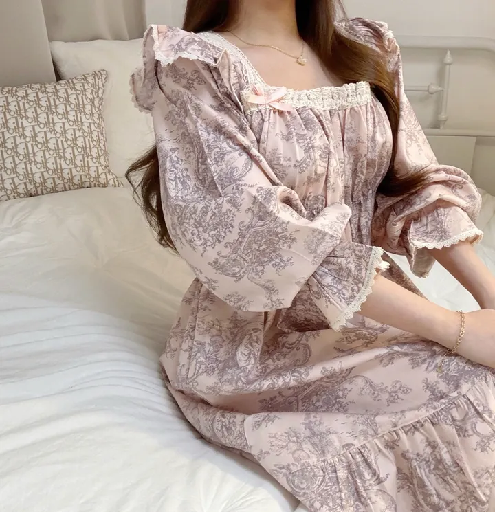 *빠른입고 [주문폭주💞/백화점라인]블루밍핑크 긴팔 원피스 투피스 스퀘어넥 트왈드주이 홈웨어 파자마 커플잠옷 상세 이미지 7